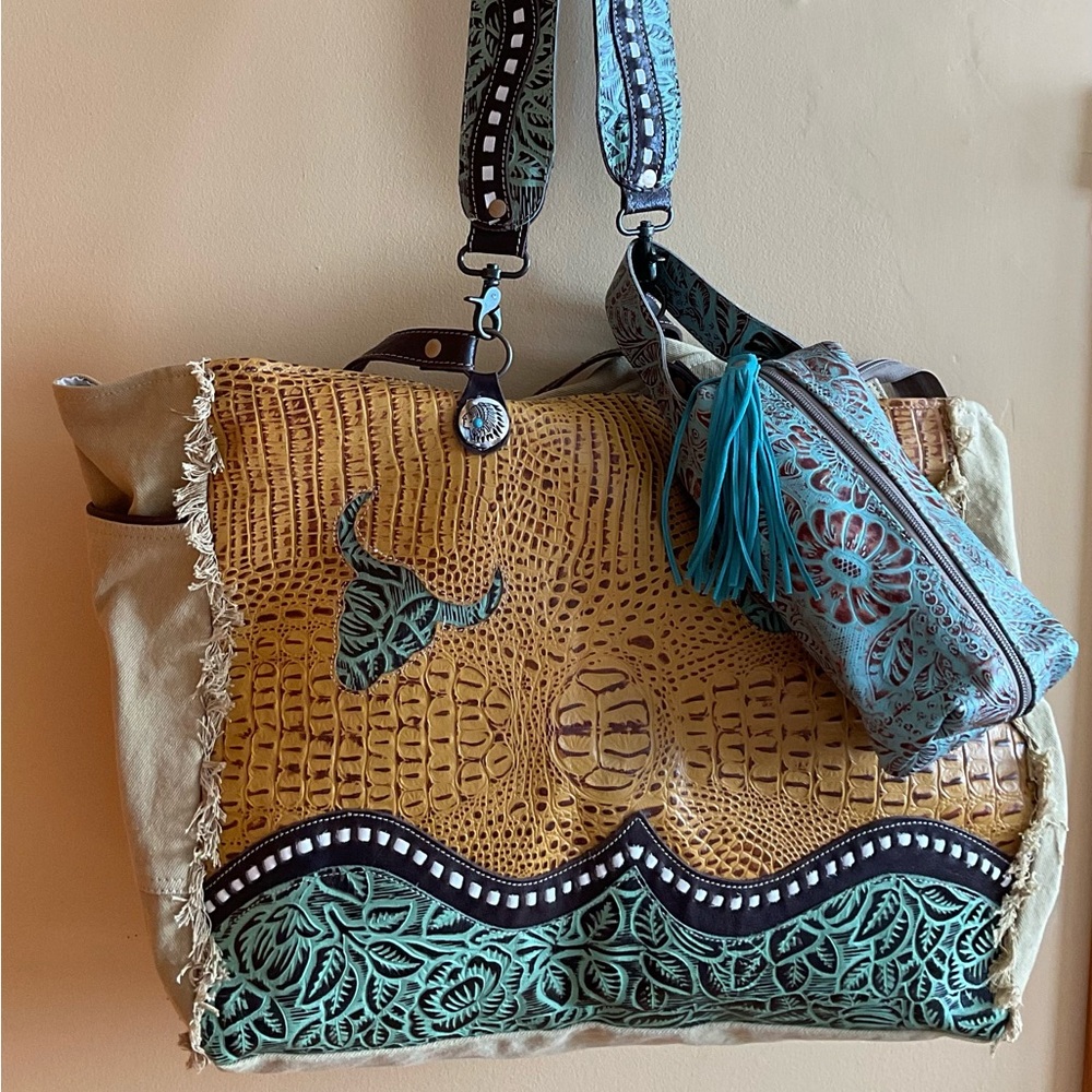 Myra Leather Embossed Weekend Bag & Toiletries Set